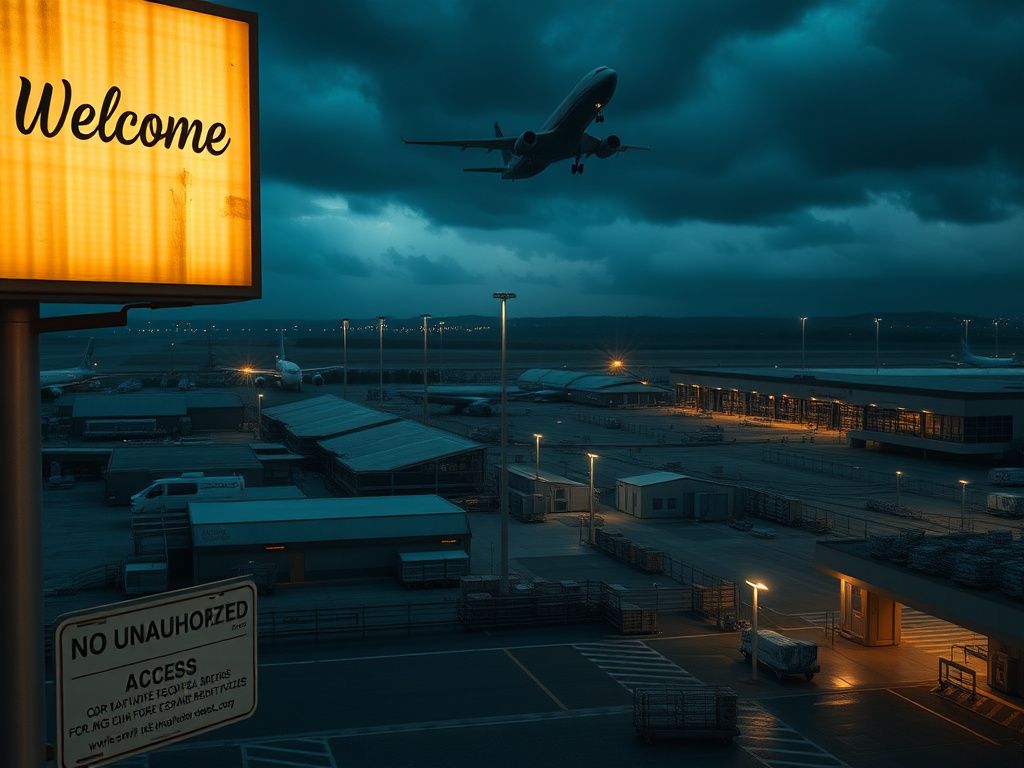 Flick International Aerial view of a bustling airport terminal showing empty spaces and warning signs.