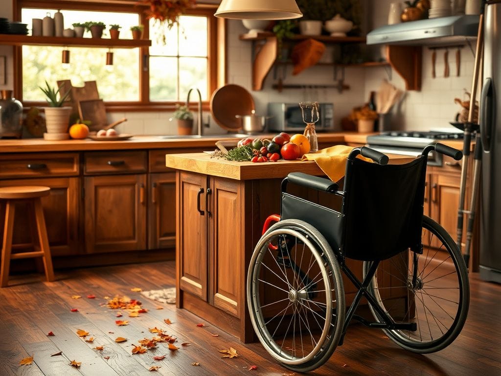 Flick International Close-up of a rustic kitchen with a wooden island, fresh vegetables, and an empty wheelchair symbolizing Guy Fieri's mobility challenge.