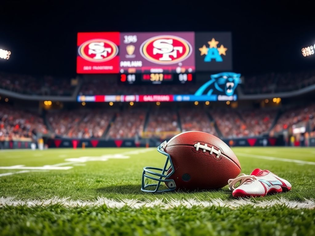 Flick International Dramatic nighttime football scene with 49ers and Panthers logos on the scoreboard