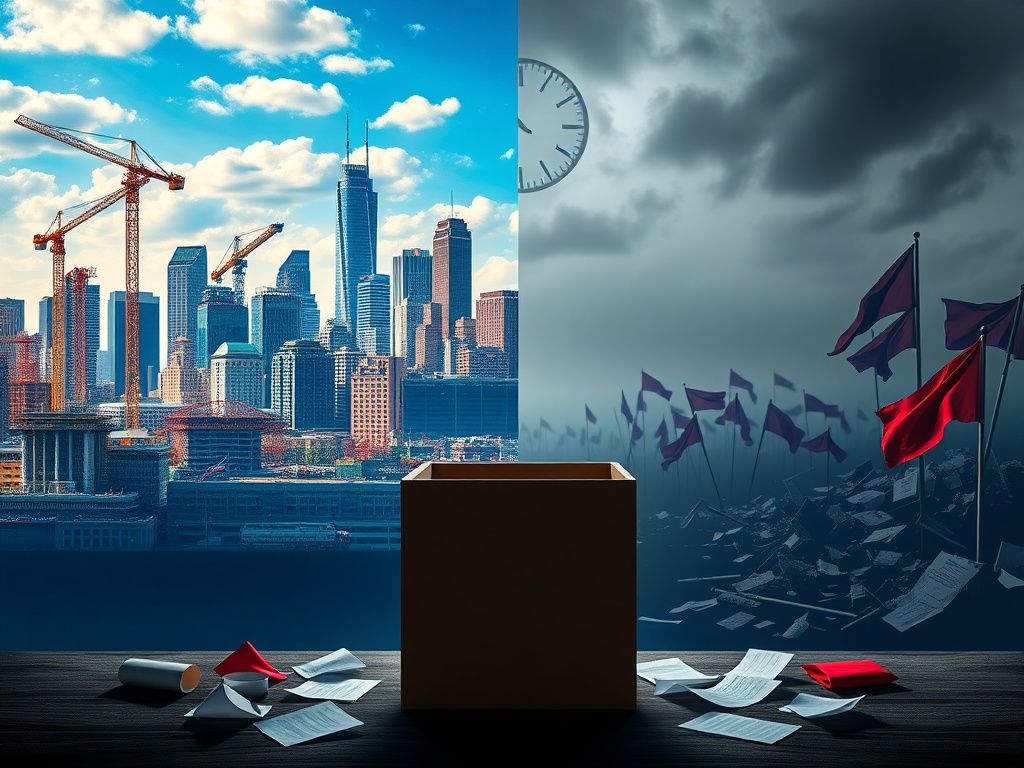 Flick International A split scene contrasting a vibrant city skyline symbolizing economic growth and a dimly lit landscape representing a declining political agenda