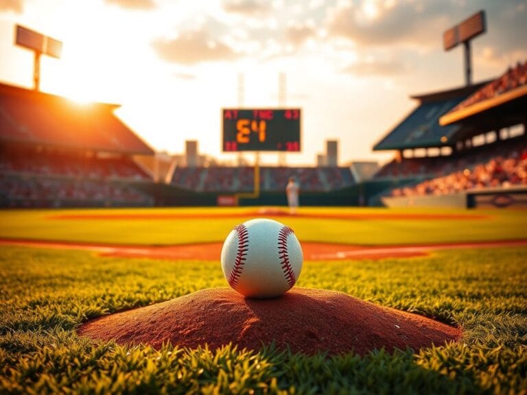 Flick International A tense baseball diamond at dawn with a pitcher’s mound and a baseball glistening with dew