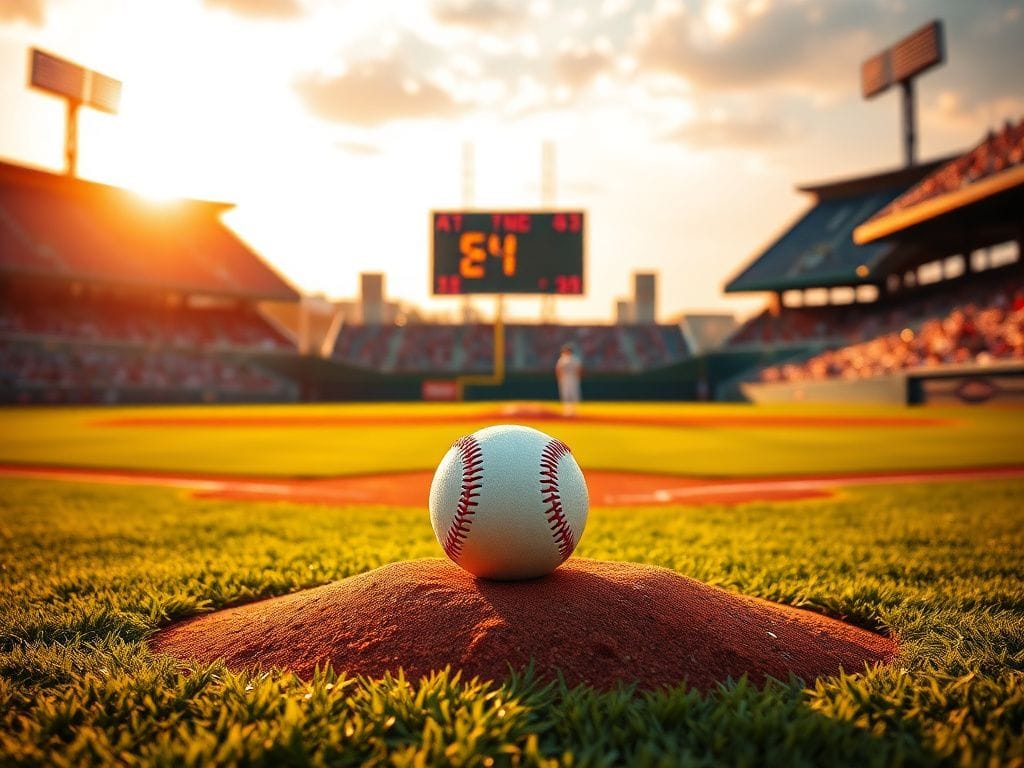 Flick International A tense baseball diamond at dawn with a pitcher’s mound and a baseball glistening with dew