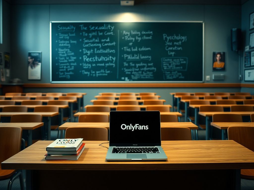 Flick International A dimly lit university lecture hall with empty desks and a blackboard filled with notes about sexuality and digital content creation