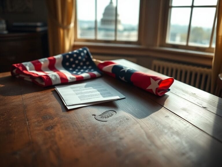 Flick International A rustic wooden desk with American and Georgia flags, symbolizing political transition
