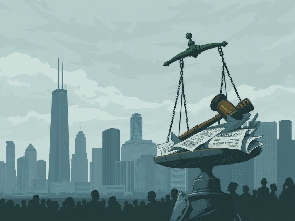 Flick International Illustration of Chicago skyline with justice scale representing racial discrimination complaint