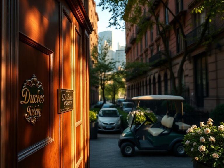 Flick International Ornate brass nameplate engraved with 'Duchess of Sussex' on a polished wooden door of a grand brownstone in New York.