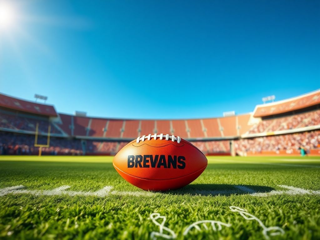 Flick International Football resting on a freshly cut green field with the Cleveland Browns logo under a bright blue sky