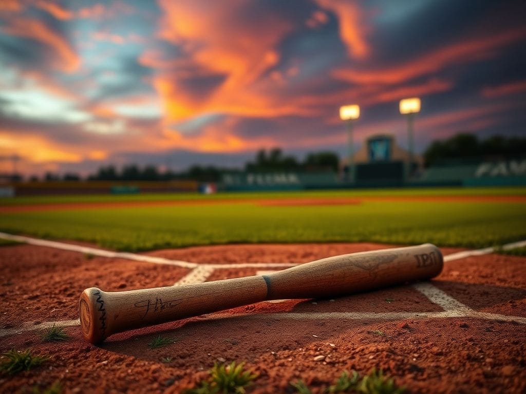 Flick International A dramatic baseball diamond under a vibrant sunset with a focus on the pitcher's mound and home plate.