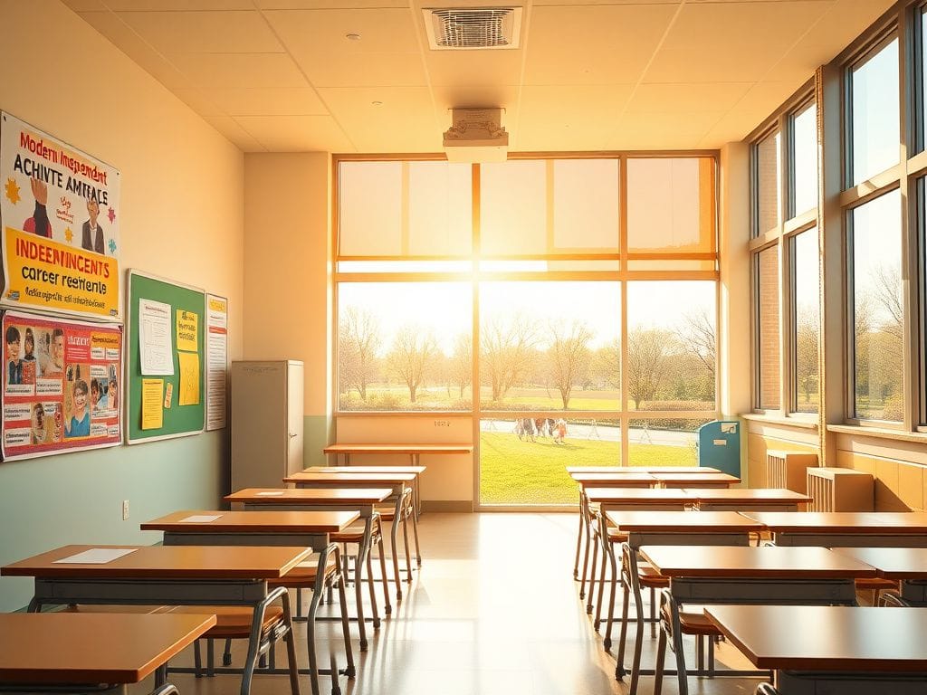 Flick International Serene empty classroom filled with vibrant posters and educational materials.
