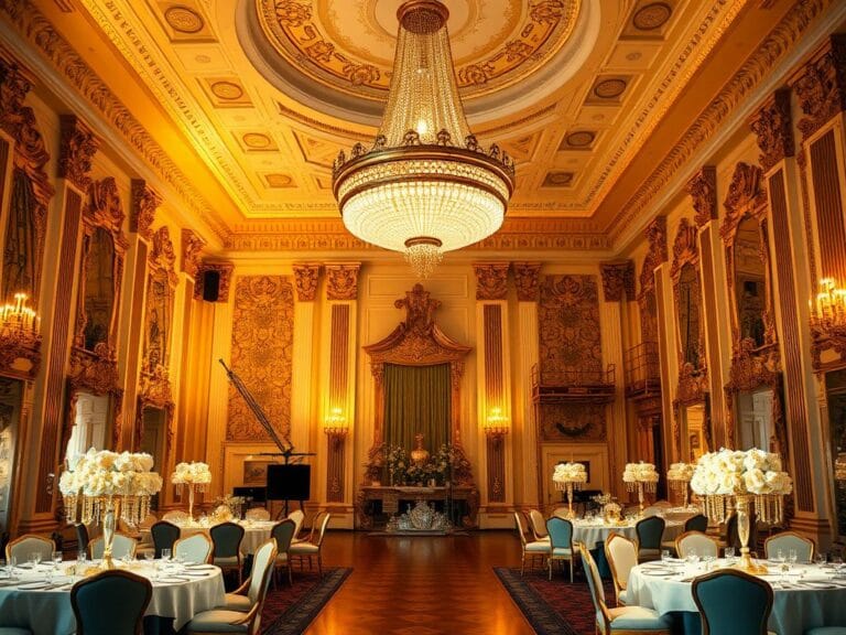 Flick International Grand ballroom in the White House featuring lavish gold accents and chandeliers
