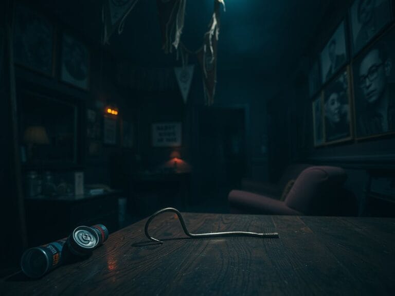 Flick International Dimly lit college fraternity house interior with hazing symbols and eerie atmosphere