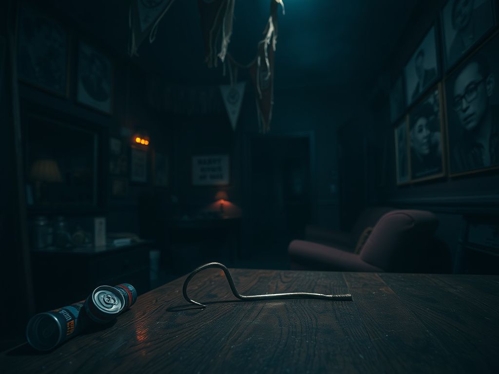 Flick International Dimly lit college fraternity house interior with hazing symbols and eerie atmosphere