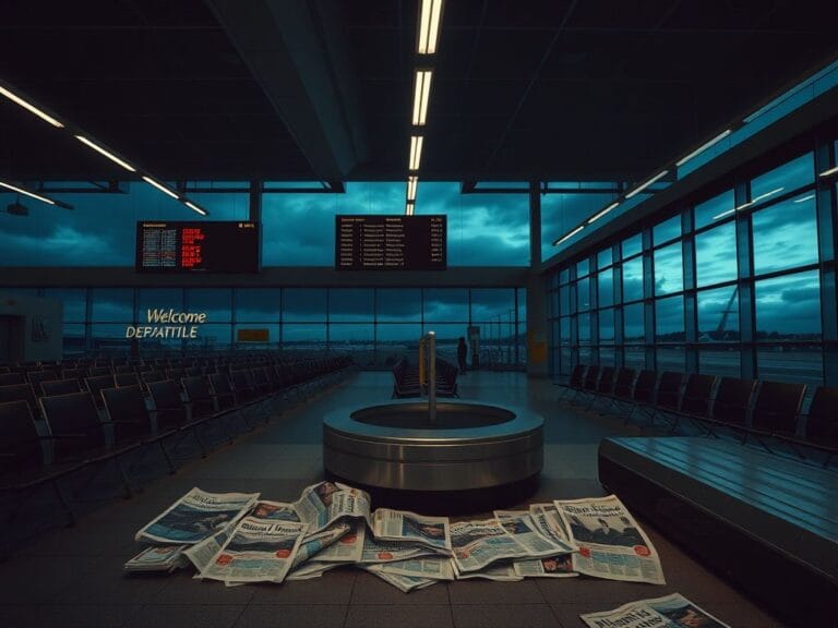 Flick International Empty airport terminal at dusk with cancelled flights displayed