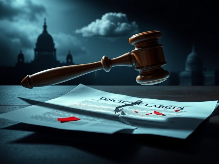 Flick International A gavel striking down on a torn legal document with shadowy government buildings in the background