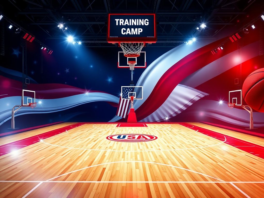 Flick International Graphic of a basketball court showcasing teamwork, adorned with USA flag colors and symbols of women's basketball