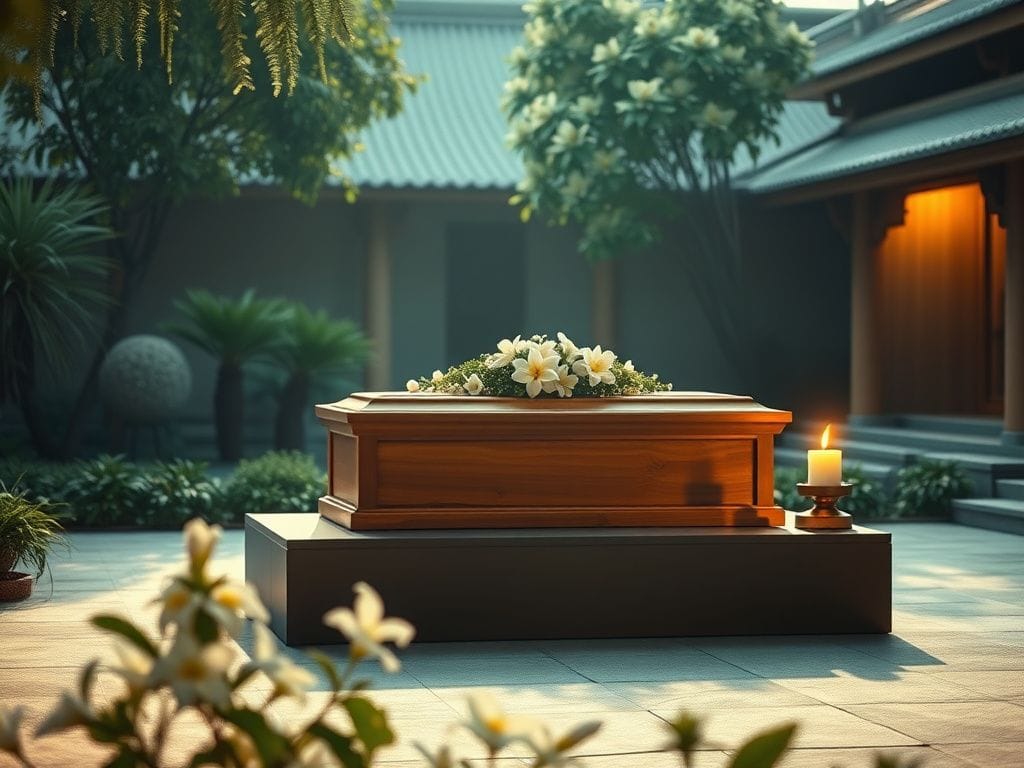 Flick International Wooden coffin positioned on an altar in a tranquil Buddhist temple courtyard