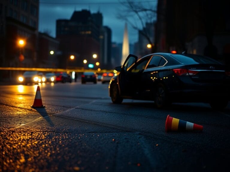 Flick International Urban street scene in Washington, D.C. at twilight with an abandoned car and police investigation hints