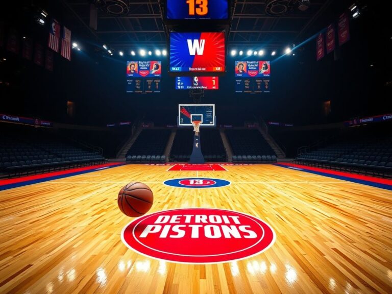 Flick International Basketball court showcasing Detroit Pistons logo with vibrant arena lights