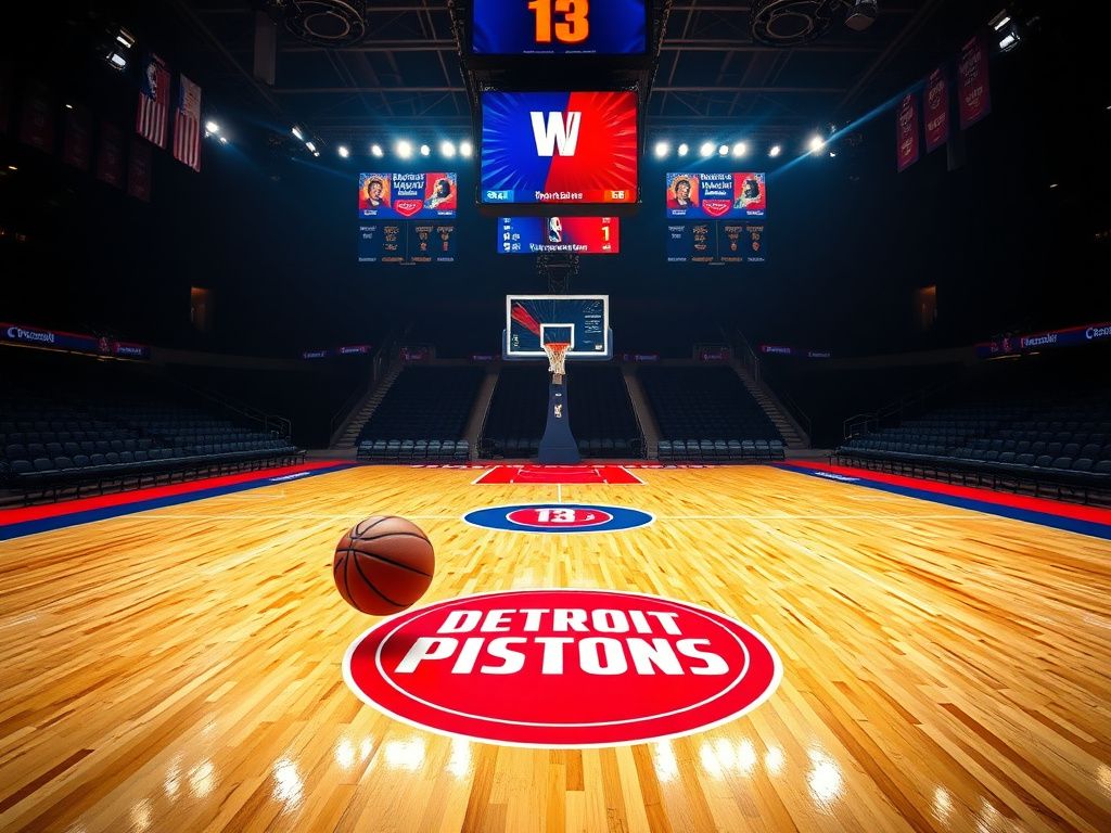 Flick International Basketball court showcasing Detroit Pistons logo with vibrant arena lights