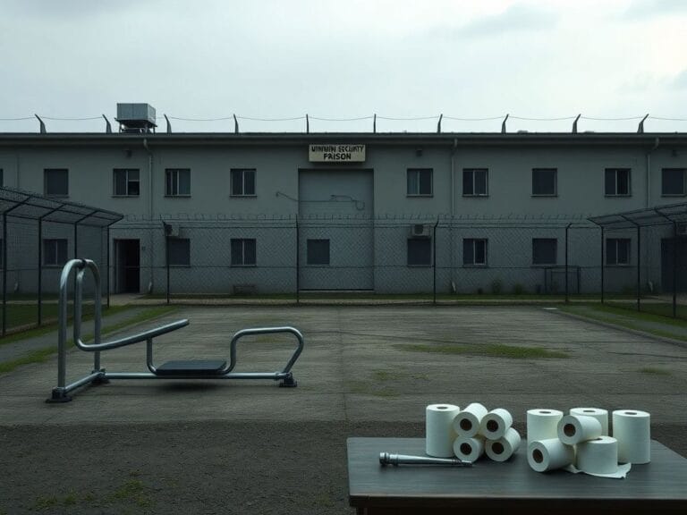 Flick International Exterior view of a minimum-security prison camp with barbed wire and a faded sign.