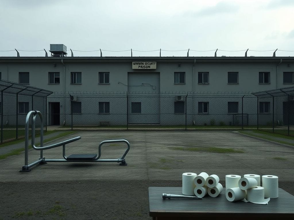 Flick International Exterior view of a minimum-security prison camp with barbed wire and a faded sign.