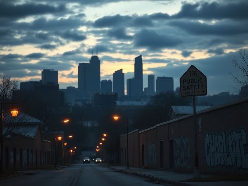 Flick International Somber urban landscape of Charlotte at dusk depicting rising violent crime wave