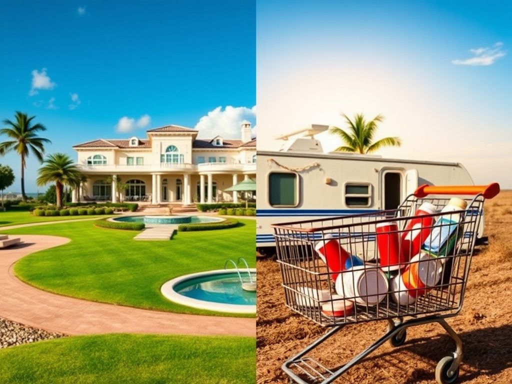Flick International Split image contrasting a luxurious mansion with a modest trailer home, showcasing wealth versus working-class lifestyle