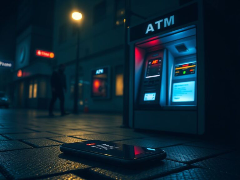 Flick International Dark urban scene with ATM and smartphone showing suspicious bank alert