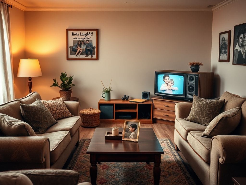 Flick International Cozy living room scene reminiscent of 1990s sitcoms