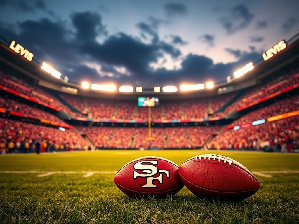 Flick International Vibrant image of Levi's Stadium during a game night, featuring a football on the grass and fans in 49ers colors.