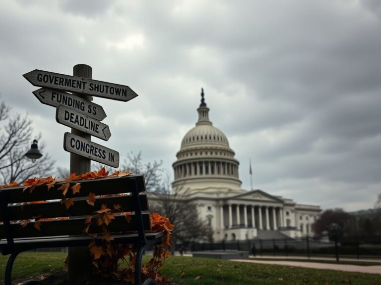 Flick International Desolate U.S. Capitol building under a gray sky with a weathered signpost indicating government shutdown and funding deadlines.