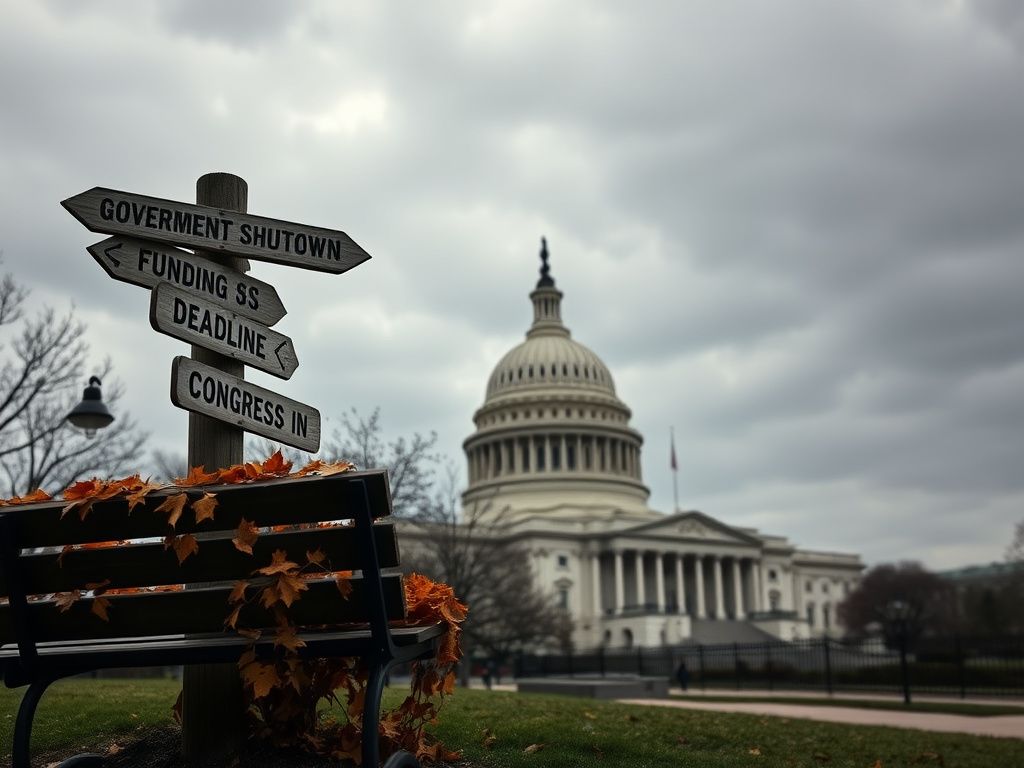 Flick International Desolate U.S. Capitol building under a gray sky with a weathered signpost indicating government shutdown and funding deadlines.
