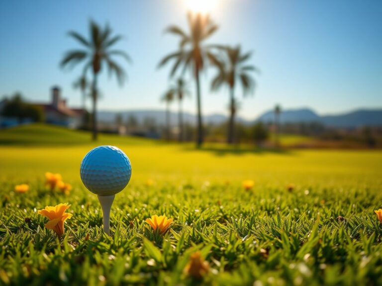Flick International Serene early morning scene at a golf course with a golf tee and ball surrounded by vibrant flowers