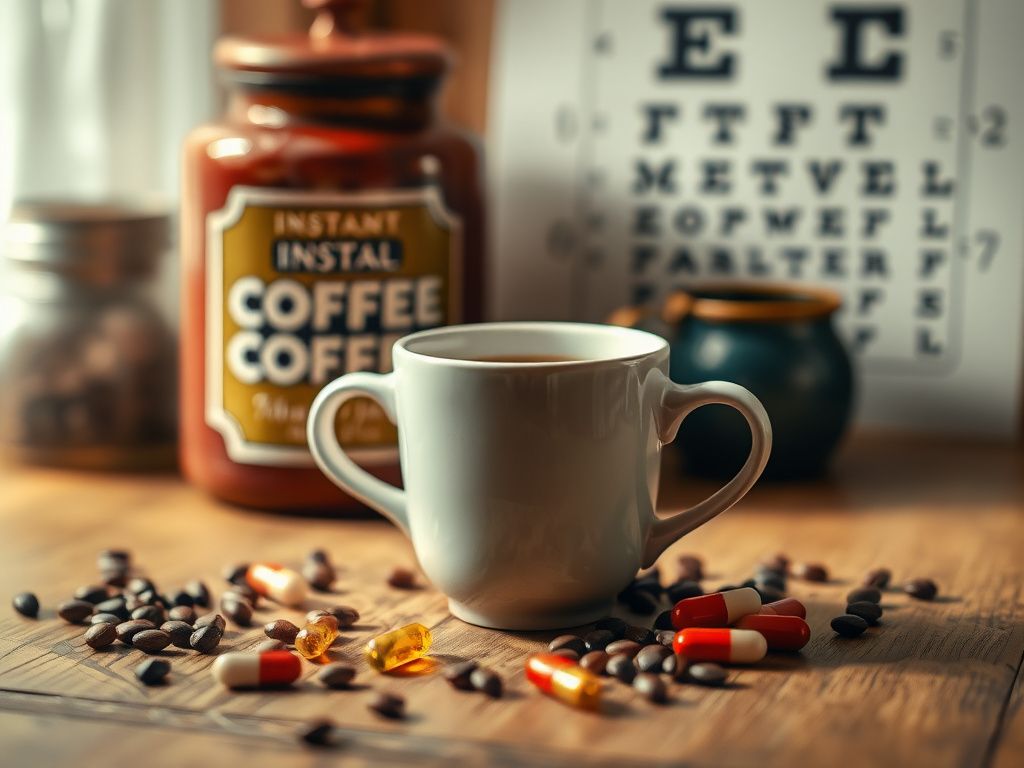Flick International A cup of instant coffee on a wooden table with a vintage jar in the background.