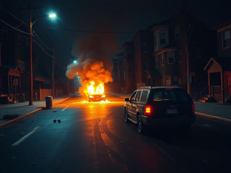 Flick International A dark, deserted Queens street in Malba with a burning car engulfed in flames