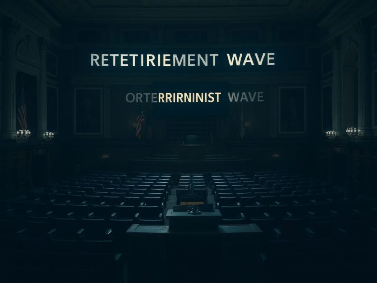 Flick International Empty congressional chamber with unoccupied seats and the speaker's podium in muted lighting