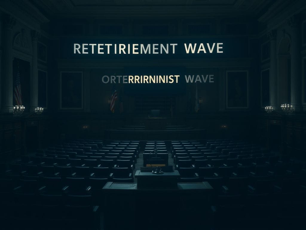 Flick International Empty congressional chamber with unoccupied seats and the speaker's podium in muted lighting