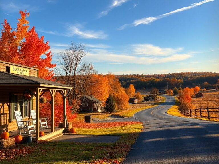 Flick International Serene North Carolina countryside with autumn foliage and rustic store