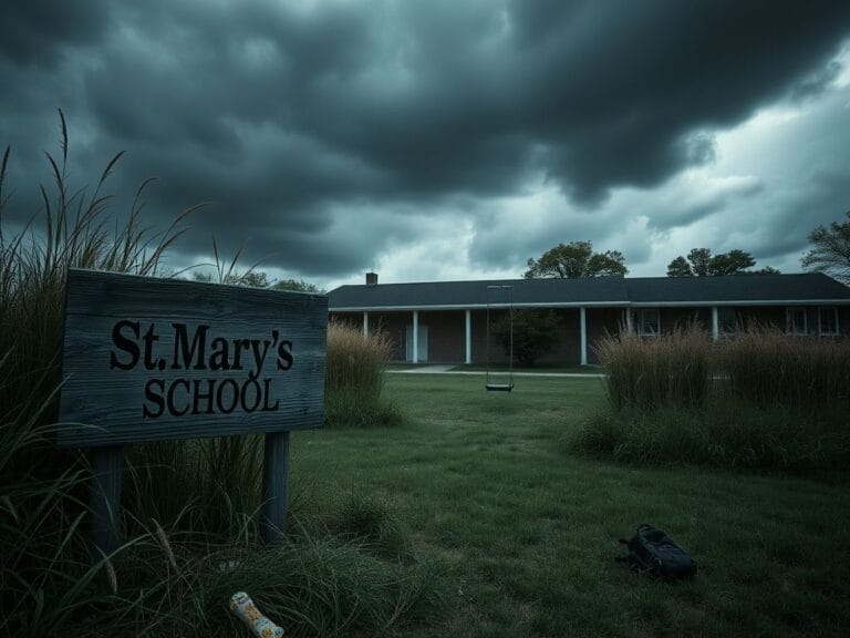 Flick International Somber image of an empty playground at St. Mary's School showing signs of abandonment