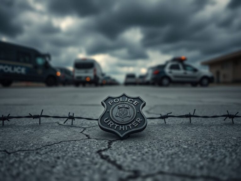 Flick International Empty police badge on cracked concrete surface symbolizing law enforcement challenges