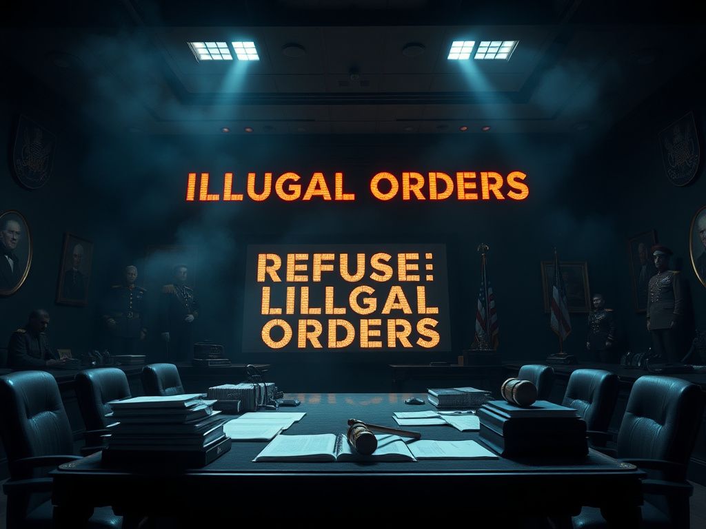Flick International A dramatic military command center with a large desk filled with documents and a screen displaying 'REFUSE ILLEGAL ORDERS'.