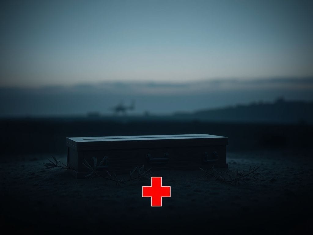 Flick International A closed wooden coffin surrounded by olive branches in a twilight-hued landscape