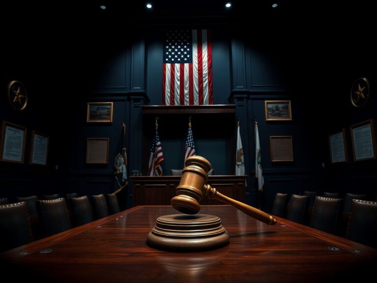 Flick International A dramatic military courtroom setting with a large gavel and American flag