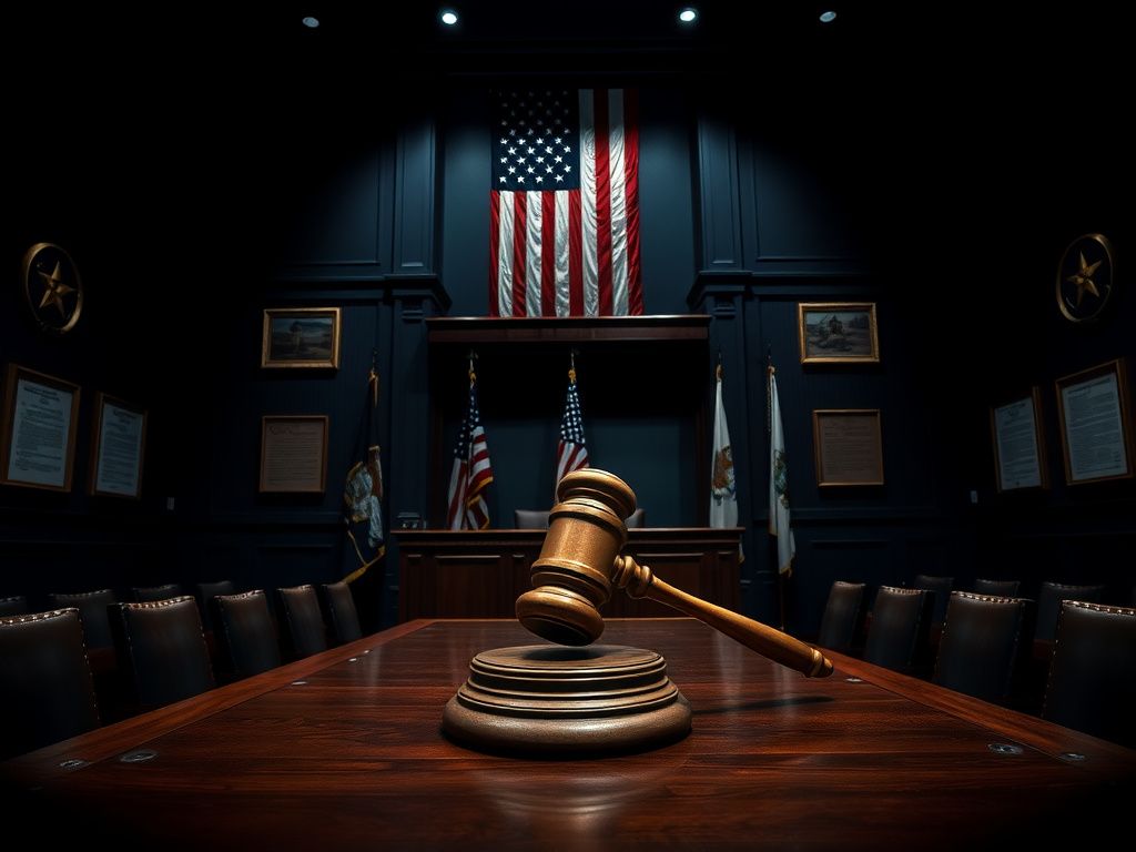 Flick International A dramatic military courtroom setting with a large gavel and American flag
