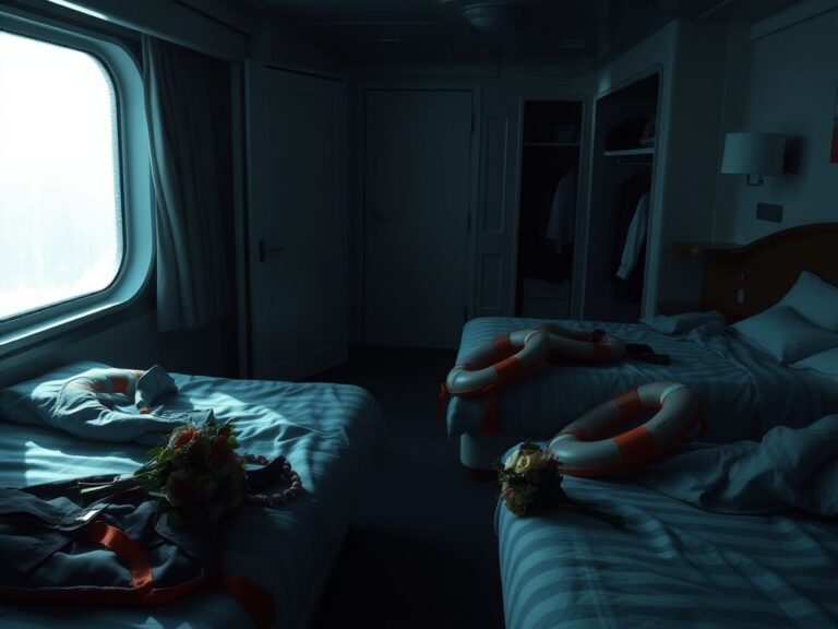 Flick International Somber interior of a luxury cruise ship cabin with unmade beds and life jackets
