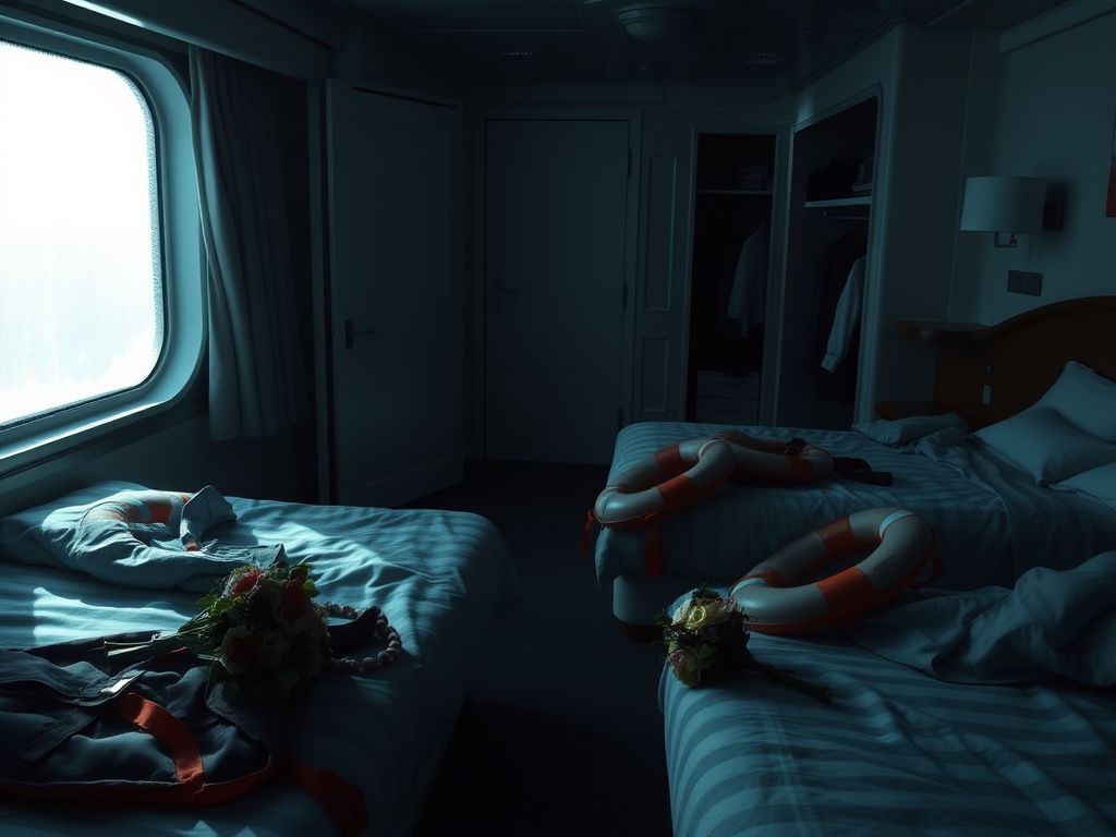 Flick International Somber interior of a luxury cruise ship cabin with unmade beds and life jackets