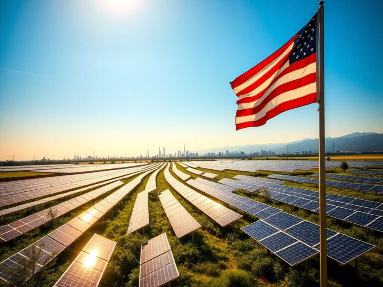 Flick International A sprawling solar farm under a bright blue sky with gleaming solar panels and an American flag