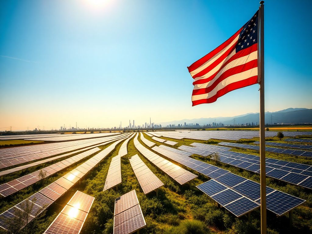 Flick International A sprawling solar farm under a bright blue sky with gleaming solar panels and an American flag