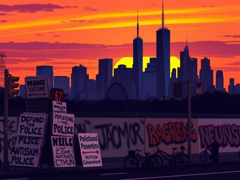 Flick International Stylized image of New York City skyline at dusk with protest signs in the foreground