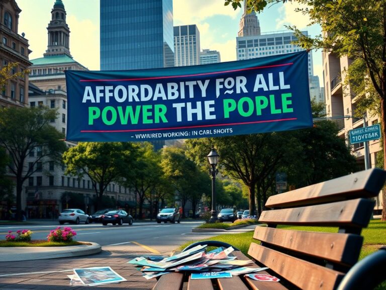 Flick International Urban political campaign scene featuring bold progressive slogans